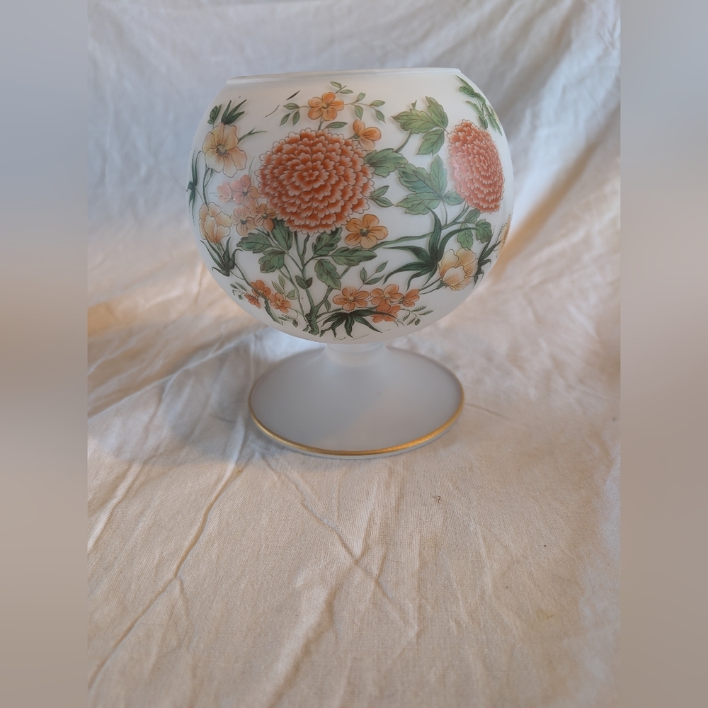 White Glass Floral Pedestal Vase with Orange and Green Design